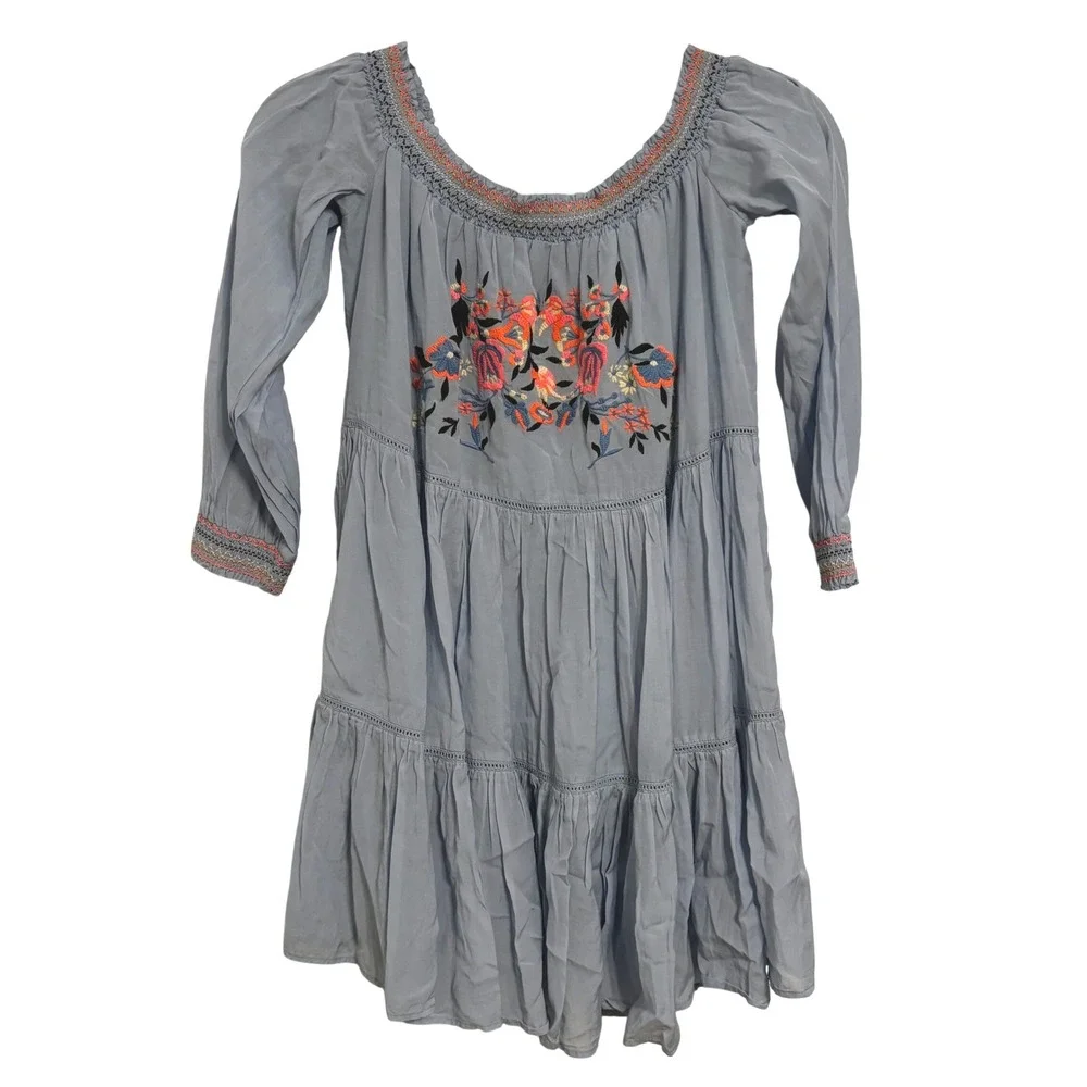 Free People Mini Dress XS Baby Blue Embroidered Off Shoulder Tiered Boho Coastal - Picture 2 of 7